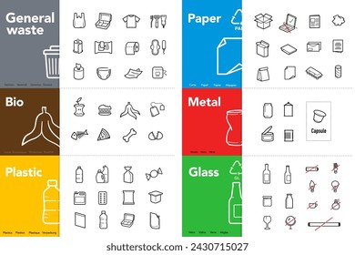 Ready sets of icons for separating trash. Vector elements are made with high contrast, well suited to different scales and on different media. Ready for use in your design. EPS10.