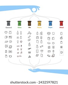 Ready sets of icons for separating trash. Vector elements are made with high contrast, well suited to different scales and on different media. Ready for use in your design. EPS10.