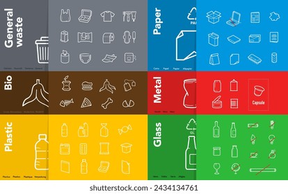 Ready sets of icons for separating trash. Vector elements are made with high contrast, well suited to different scales and on different media. Ready for use in your design. EPS10.