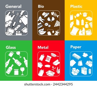 Ready sets of icons for separating trash. Vector elements are made with high contrast, well suited to different scales and on different media. Ready for use in your design. EPS10.