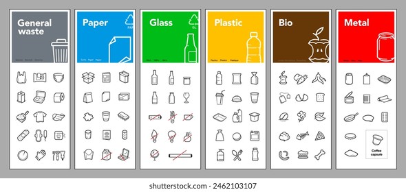 Bereit Sets von Icons zum Trennen von Müll. Vektorgrafik Elemente sind kontrastreich, gut geeignet für verschiedene Maßstäbe und auf verschiedenen Medien. Bereit für den Einsatz in Ihrem Design. EPS10.