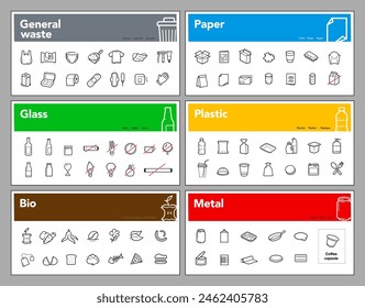 Ready sets of icons for separating trash. Vector elements are made with high contrast, well suited to different scales and on different media. Ready for use in your design. EPS10.