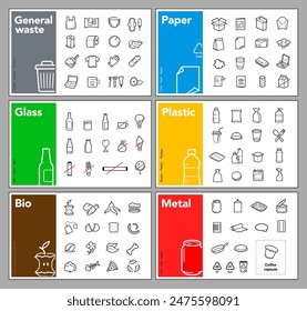 Ready sets of icons for separating trash. Vector elements are made with high contrast, well suited to different scales and on different media. Ready for use in your design. EPS10.