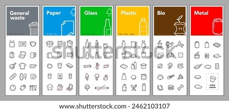 Ready sets of icons for separating trash. Vector elements are made with high contrast, well suited to different scales and on different media. Ready for use in your design. EPS10.