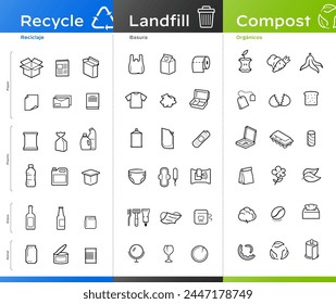 Ready sets of icons for separating waste on trash, compost, recycle. Vector elements are made with high contrast, well suited to different scales.  Ready for use in your design. EPS10.