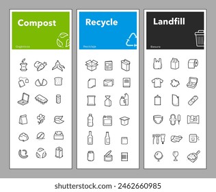 Ready sets of icons for separating waste on trash, compost, recycle. Vector elements are made with high contrast, well suited to different scales. Ready for use in your design. EPS10.