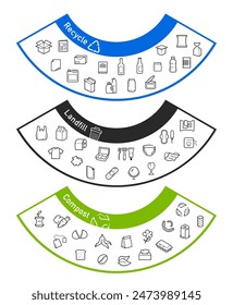 Ready sets of icons for separating waste on trash, compost, recycle. Vector elements are made with high contrast, well suited to different scales. Ready for use in your design. EPS10.