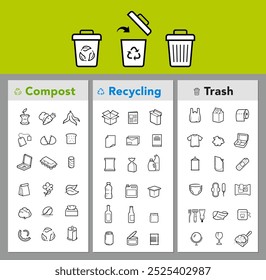 Ready sets of icons for separating waste on trash, compost, recycle. Vector elements are made with high contrast, well suited to different scales. Ready for use in your design. EPS10.