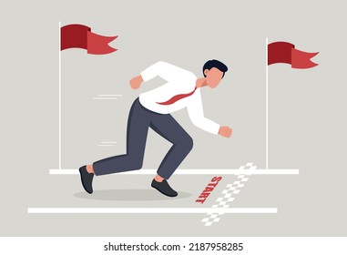 Ready to start. Businessman getting ready to run. Competition, successful entrepreneur. Leadership and motivation, goal setting and ambition. Start up concept. Cartoon flat vector illustration