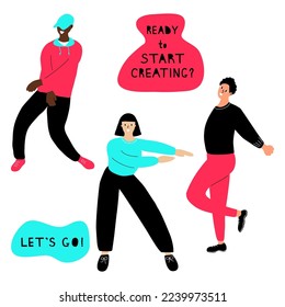 "Ready to start creating? Let’s go!" a flat vector banner template with a hand-drawn style on a white background.  Motivational advertising slogans in blue, black and pink colors with dancer people.