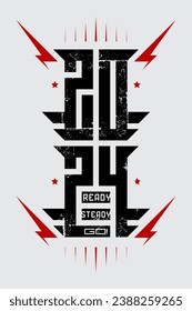 Ready, steady, go! Happy New Year 2024 - vertical poster with stylized inscription, red lightning and stars. Cool print for t-shirts or apparels, with inscription 2024.