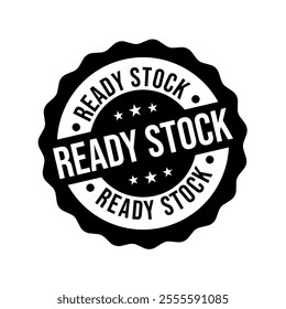 Ready stock logo, label, badge, sticker, symbol, emblem, stamp, banner, circle, black, line, flat vector, isolated illustration. Ready stock label for product packaging design. New Arrival label.