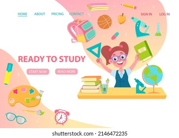 Ready to study concept. School girl and objects.. Landing page or banner template. Vector illustration in flat style