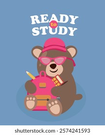  Ready To Study Illustration with Bear is Sitting and Holding School Bag