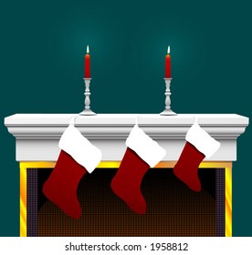 Ready To Stuff With Your Goodies: 3 Christmas Stockings, On A Fireplace Mantle With Candles And Candlesticks.