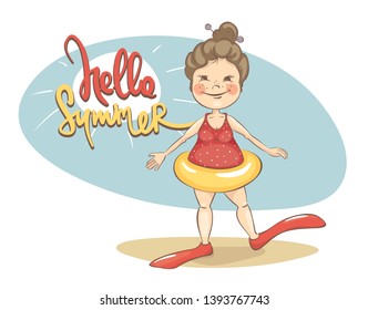 Ready for summer. Girl with excess weight in a bathing suit with a life buoy, vector illustration.	