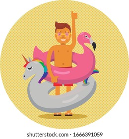 Listo para el verano. Un hombre o un niño con gafas de sol con forma de estrella y baúles rojos sostiene el flotador de flamingo y unicornio