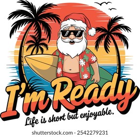 Pronto para surfar Santa ilustração de arte vetorial 