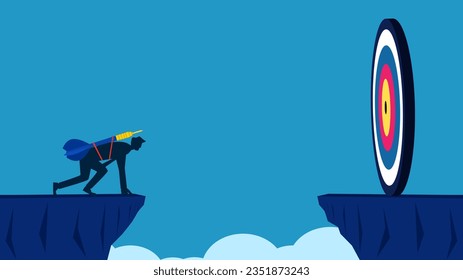 Ready to take risks. Businessman ready to jump over cliff gaps for big goals