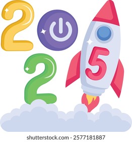 Ready for Takeoff Twenty Twenty Five concept, Ignite the Future vector icon design, Blast Off into 2025 welcome sign, festive holiday season symbol, new year party decor stock illustration