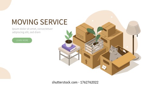 Ready for Transportation Carton Boxes Stack standing on Floor. Different  Personal Stuff packed in Boxes. House Moving and Relocation Services Concept. Flat Isometric Vector Illustration.