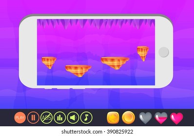 Ready UI for game mobile.Fantasy landscape,cave with stone. Game Background made from seamless endless elements. Mobile Game element.