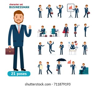 Ready to use character creation set. Businessman. Different poses and emotions, running, standing, sitting, walking. Full length, front, rear view isolated white background. Cartoon flat style.