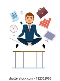 Ready to use character creation set. Businessman meditating to relieve fatigue from work. Business, office work, workplace. Flat design vector illustration.