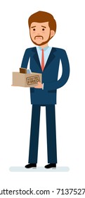 Ready to use character creation set. Getting fired. Businessman holding a box with his stuff. Business, office work, workplace. Flat design vector illustration.