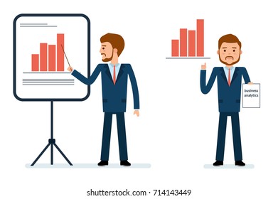 Ready to use character creation set. Businessman points to chart. Business, office work, workplace. Flat design vector illustration.