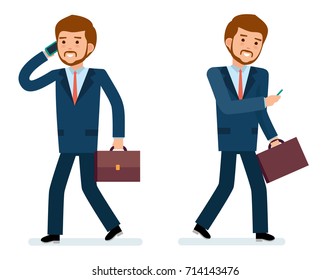 Ready to use character creation set. Businessman talking on the phone. Business, office work, workplace. Flat design vector illustration.