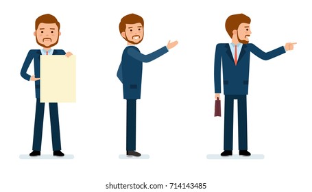 Ready to use character creation set. Businessman pointing finger. Business, office work, workplace. Flat design vector illustration.