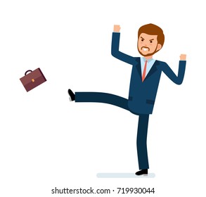 Ready to use character creation set. The businessman got angry, kicked bag. Business, office work, workplace. Flat design vector illustration.