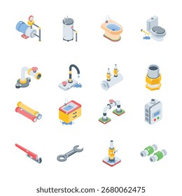 Gebrauchsfertige Sammlung von Sanitär-Tools 3D-Stil Symbole