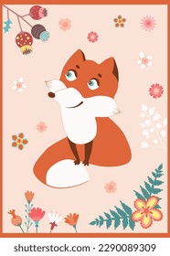 Ready to use design for your notebook. Cute fox. Poster for baby room. Childish print for nursery. Design can be used for fashion t-shirt, greeting card, baby shower...Vector illustration.