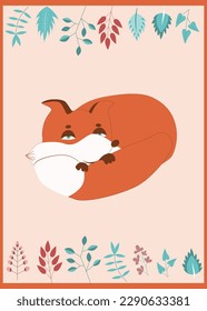 Ready to use design for your notebook. Cute fox. Poster for baby room. Childish print for nursery. Design can be used for fashion t-shirt, greeting card, baby shower...Vector illustration.