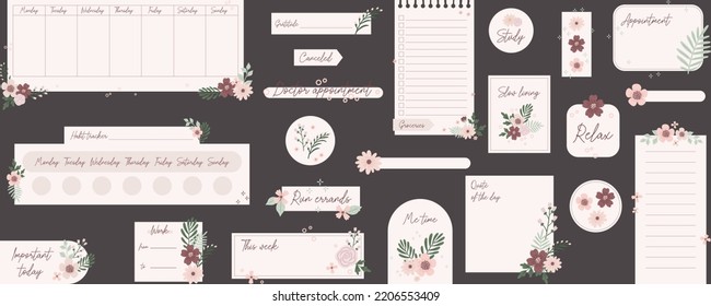 Ready to use digital stickers. Digital note papers and stickers for bullet journaling or planning. Floral stickers. Vector art.
