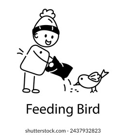 Ready to use doodle icon of kid feeding bird 