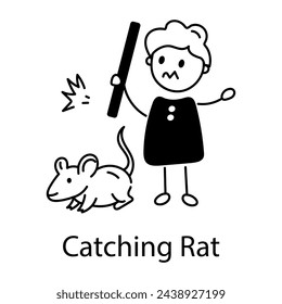Ready to use doodle icon of a kid catching rat 