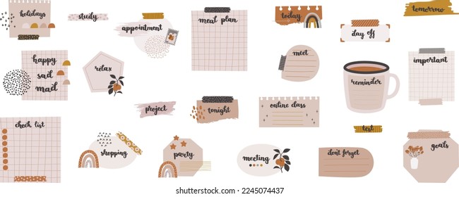 Ready to use essential digital stickers. Digital note papers and stickers for bullet journaling or planning. Hand-lettering on checkered background. Vector art.