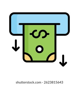 Listo para usar icono de estilo de esquema plano de retiro de efectivo