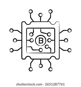 Pronto para usar o ícone de estilo desenhado à mão do chip bitcoin com nós