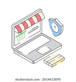 Ready to use isometric outline icon showing online secure shopping