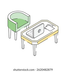 Ready to use isometric outline icon denoting laptop table with couch
