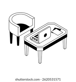 Ready to use isometric outline icon denoting laptop table with couch