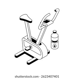 Pronto para usar ícone de contorno isométrico mostrando bicicleta estacionária