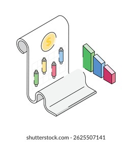 Pronto para usar ícone de contorno isométrico mostrando relatório de negociação