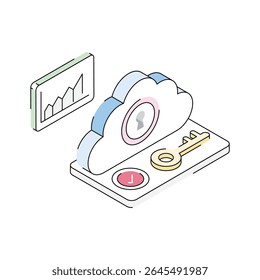 Ready to use isometric outline icon showing cloud key access