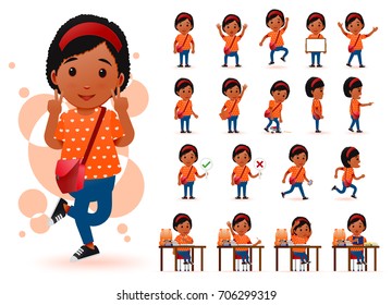 Ready To Use Little Black African Girl Student Character With Different Facial Expressions, Hair Colors, Body Parts And Accessories. Vector Illustration.
