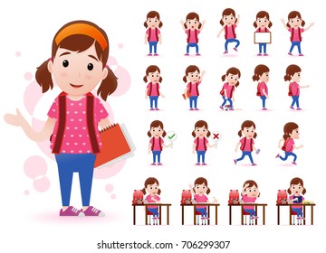 Ready to Use Little Girl Student Character and Different Facial Expressions  Hair Colors  Body Parts   Accessories  Vector Illustration 
